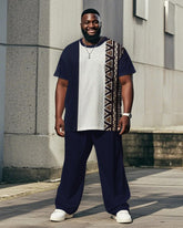 Men's Plus Size Daily Casual Blue Colorblock Ethnic Style Printed T-shirt Trousers Suit