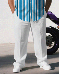 Big & Tall Men's Business Blue Striped Short Sleeve Shirt Trousers Suit