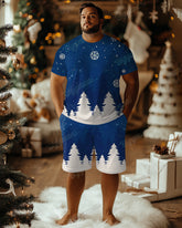 Men's Plus Size Christmas Blue Snowflake Christmas Tree Print T-Shirt Shorts Suit