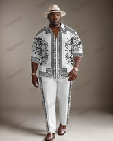 Men's Plus Size Luxury Retro White Pattern Long Sleeve Shirt Trousers Suit
