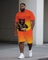 Big Man's Drumming Bear Cartoon Printed Gradient Casual Short-Sleeve Polo Shirt & Shorts Set