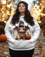 Women's Plus Halloween Cute Cow Print Long Sleeve Hoodie