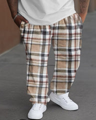 Big Guys Casual Color Block England Plaid Printed T-Shirt Pants Set