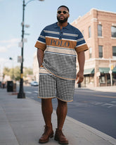Men's Plus Size Daily Blue Houndstooth Patchwork Letter Print Short Sleeve Polo Shirt Shorts Suit