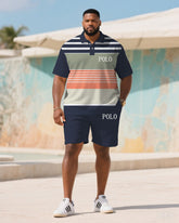 Big & Tall Men's Summer Dark Blue & White & Orange Striped Polo Short Sleeve Shirt Shorts Suit