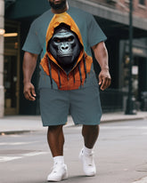 Big & Tall Men's Daily Casual Hoodie Gorillas Street Cartoon Short-Sleeved T-shirt and Short Set