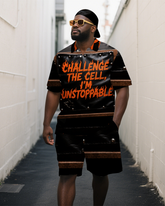 Big Men's Casual CHALLENGE THE CELL Lettering Relaxed Short-Sleeve Polo Shirt Shorts Set