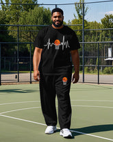 Big Men's Simple Basketball and Electrocardiogram Printed Casual Short Sleeve T-shirt Pants Set