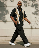 Big & Tall Men's Business Black Color Matching Khaki Geometric Print Short Sleeve Shirt Trousers Suit