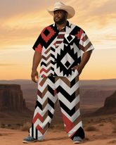 Big Men's Classic Geometric Pattern Western Style Casul Short-Sleeve Shirt Pants Sets