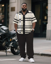 Men's Plus Size Simple Brown Apricot Color-block Striped Printed Short-sleeved Shirt Trousers Suit