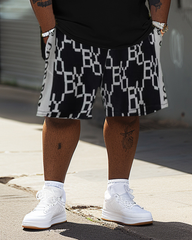 Men's Plus Size Letter Stripe Stitching T-Shirt Shorts Suit