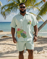 Big & Tall Men's Hawaiian Vacation Leaf Floral Print Pocket Shirt Shorts Suit