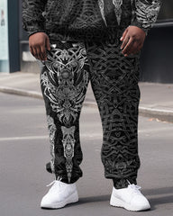 Men's Plus Black and White Dragon Totem Print Hoodie Set