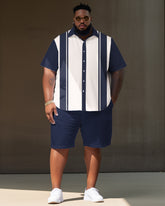 Big Men Striped Color Block Short Sleeve Shirt Shorts Set