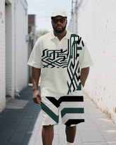 Big Men's Splicing Maze Simple Printed Casual Short-Sleeve Polo Shirt & Shorts Set