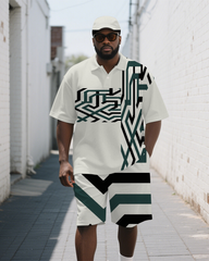 Big Men's Splicing Maze Simple Printed Casual Short-Sleeve Polo Shirt & Shorts Set