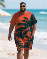Men's Plus Size Orange Coconut Tree Silhouette Print Round Neck Short Sleeve T-Shirt Shorts Suit