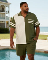 Big & Tall Men's Business Army Green Striped Print Short Sleeve Zip Polo Shirt Shorts Suit