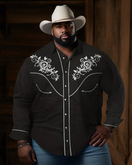 Big Guys Western Denim Vintage Black Floral Pattern Lapel Long Sleeve Shirt