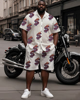 Big Man's Street Motorcycle Style Purple Creative Dollar Print White Short Sleeve Shirt Shorts Suit