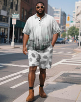 Big & Tall Men's Business Hawaiian Gradient Leaf Print Short Sleeve Polo Shirt Shorts Suit