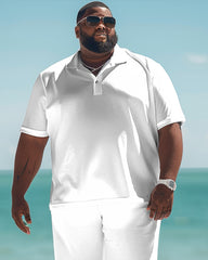 All-Match Solid Color White Polo Shirt Shorts Set Men's Big and Tall