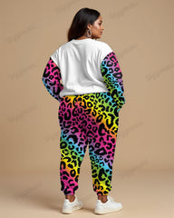 Neon Leopard Love Print Women Plus Size Crewneck Sweatshirt Suit