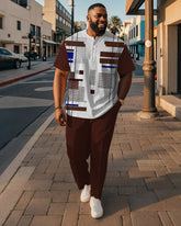 Men's Plus Size Brown Colorblock Stripe Geometric Print Henley Collar T-Shirt Trousers Suit