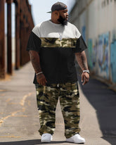Men's Big Size Street Camouflage Retro Color Block Hip-hop Casual Two-piece Set