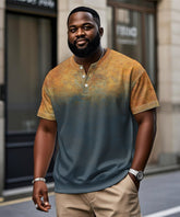 Men's Plus Size Daily Casual Yellow Blue Gradient Print Henry Collar Button Short Sleeve T-Shirt