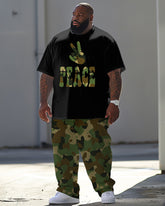 Men's Big & Tall Casual Peace Gesture Camouflage Alphabet Print T-Shirt Trousers Set