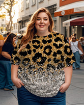 Women's Plus Size Shiny Gradient Leopard Print Round Neck Short Sleeve T-Shirt