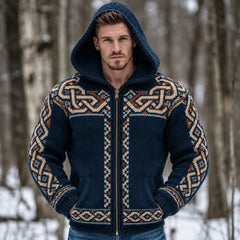 Men's Blue Celtic Knot Geometric Zip Cardigan Knit Sweater