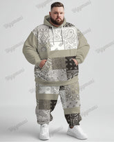 Men's Street Fashion Versatile Simple Paisley Patching Printed Plus Size Hoodie Set