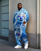 Big and Tall Men's Fashion Cool Bear Snowflake Printed Lapel Long Sleeve Shirt Pants Set