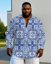 Men's Plus Size Oriental Blue And White Porcelain Long Sleeve Shirt