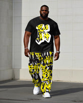Men's Plus Size Street Fashion Graffiti Chest "K" Print Short Sleeve T-Shirt Trousers Suit