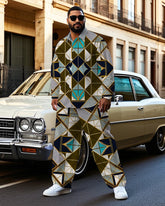 Men's Big & Tall Vintage Geometric Square Printed Outdoor Casual Long Sleeve Shirt Pants Set