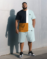 Men's Plus Size Geometric Box Color Matching Light Lake Blue Fashion Round Neck Short Sleeve T-shirt Shorts Suit
