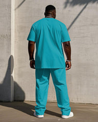 Men's Plus Size Casual Vertical Stripe Lake Blue Printed Short-sleeved T-shirt Trousers Suit