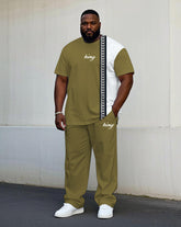 Big Men's Casual White & Texture Patchwork Short Sleeve T-Shirt Trousers Set