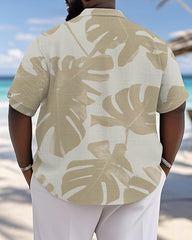 Men's Plus Size Hawaiian Apricot Leaf Print Short Sleeve Slub Shirt