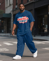 Men's Big & Tall Street Fashion Flag America First Printed Short Sleeve T-shirt Pants Suit
