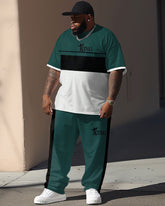 Street Green Color Block King Letter Print Big & Tall Men's Set