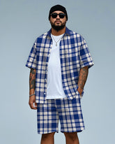 Men's Business Casual Blue Plaid Printed Big Size Short Sleeve Shirt and Shorts Set