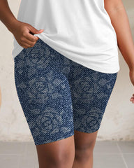 Women's Plus Size Daily Casual Rose Denim Print Pocket Vest Shorts Suit