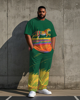 Big Men's Summer Casual Animal World Leopard Printed Crew Short Sleeve T-shirt Pants Set