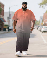 Men's Plus Size Red Grey Gradient Print Henry Collar T-Shirt Trousers Suit