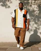 Big & Tall Men's Business Black Yellow Orange Stripe Colorblock Printed Pocket Short Sleeve Shirt Pants Suit